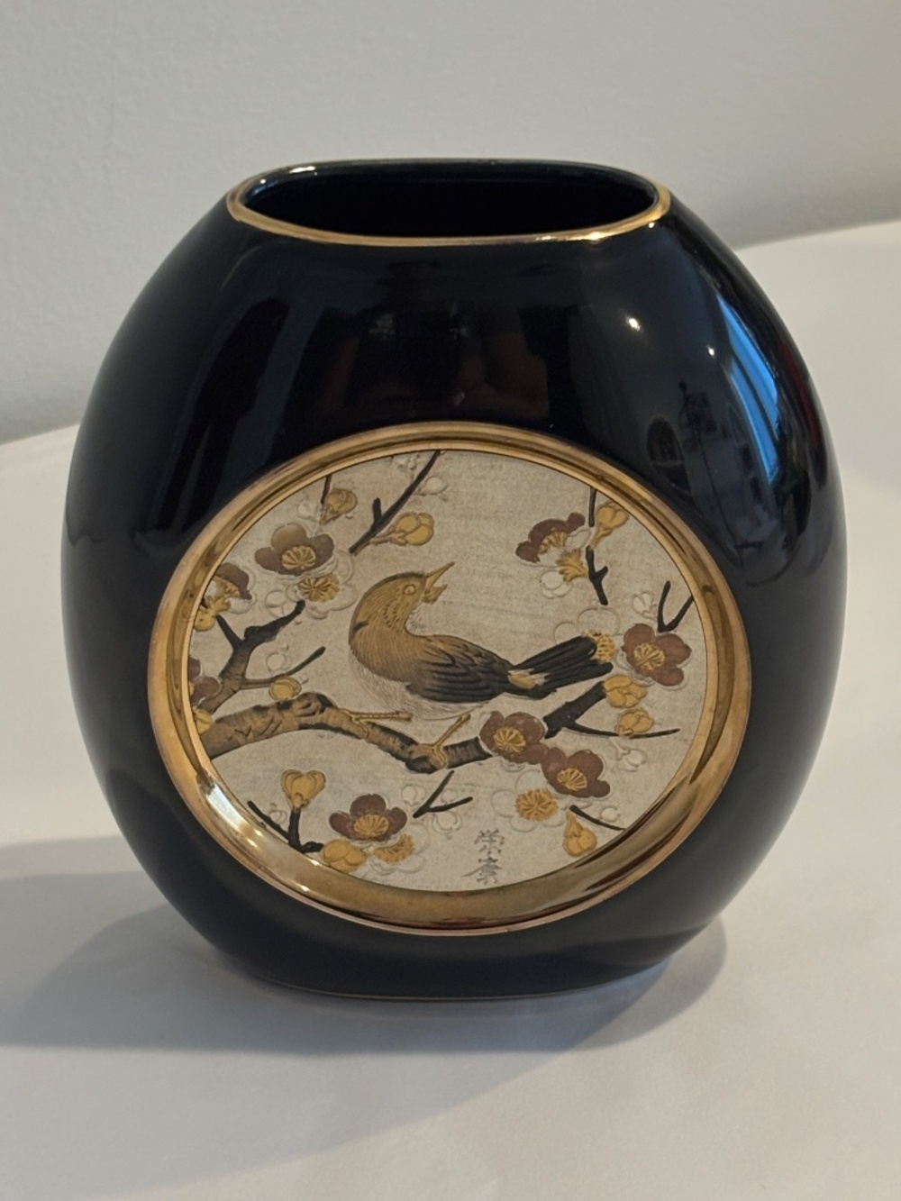 Vintage Japanese Art of Chokin black ceramic porcelain vase gold tone trim bird